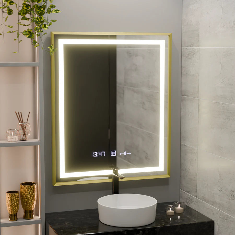 Oglinda LED Rectangulara, 75x90cm, Premium Verite Royale Gold MotionGlow Marcello, Sistem Dezaburire, Ceas &amp; Termometru, Dimabila