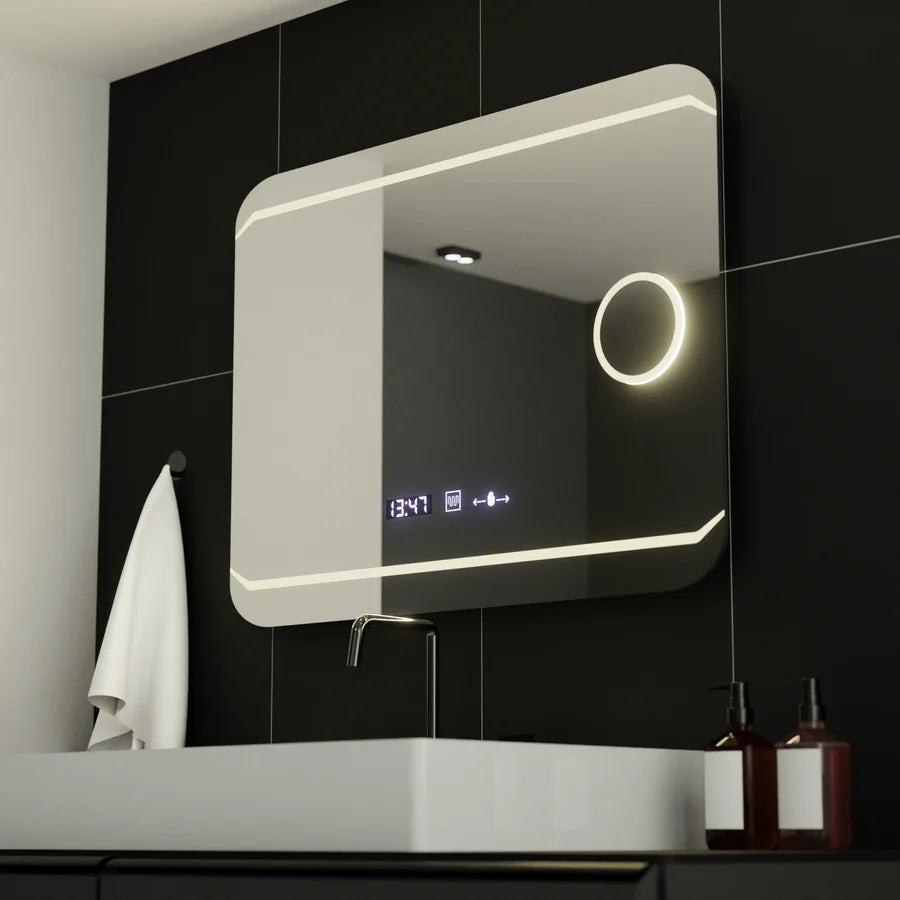 Oglinda LED Rectangulara, 80x60cm, Premium Stile MotionGlow Marcello, Sistem Dezaburire, Ceas &amp; Termometru, Lupa Cosmetica, Dimabila