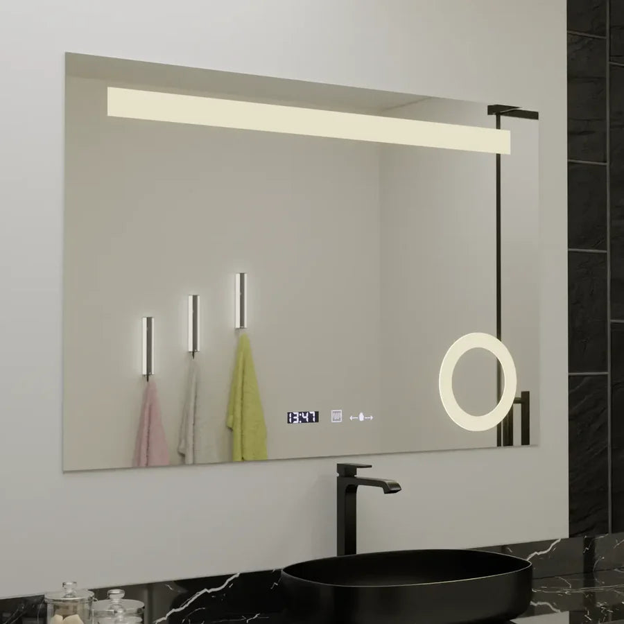 Oglinda LED Rectangulara, 100x75cm, Premium ABSOLU MotionGlow Marcello, Sistem Dezaburire, Ceas &amp; Termometru, Lupa Cosmetica, Dimabila