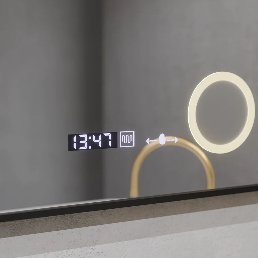 Oglinda LED Senzor Premium MotionGlow Francesca, 60x80cm, Lumina Calda/Rece/Neutra Dimabila Rama Negru Brushed Sistem Dezaburire Termometru Ceas