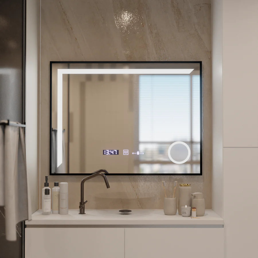 Oglinda LED Senzor MotionGlow Francesca 80x60 cm Premium Lumina Calda/Rece/Neutra Dimabila Rama Negru Brushed, Dezaburire Termometru Ceas