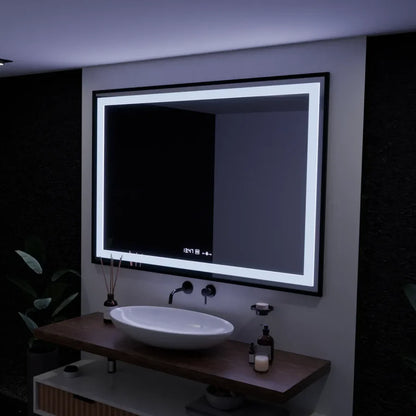 Oglinda LED Rectangulara, 100x65cm, Premium Verite Majeste Noir Motion Glow Marcello, Sistem Dezaburire, Ceas &amp; Termometru, Dimabila