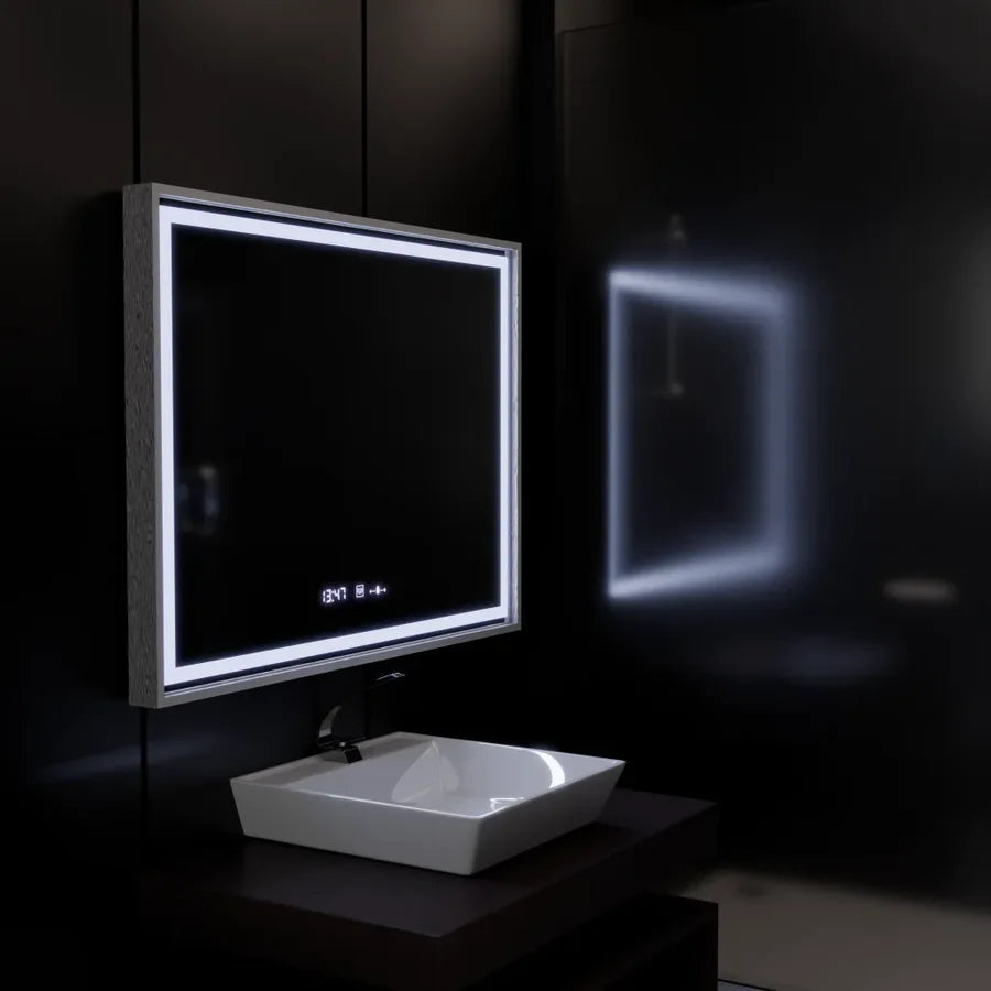 Oglinda LED Rectangulara, 80x60cm, Premium Verite Imperial Silver Motion Glow Marcello, Sistem Dezaburire, Ceas &amp; Termometru, Dimabila