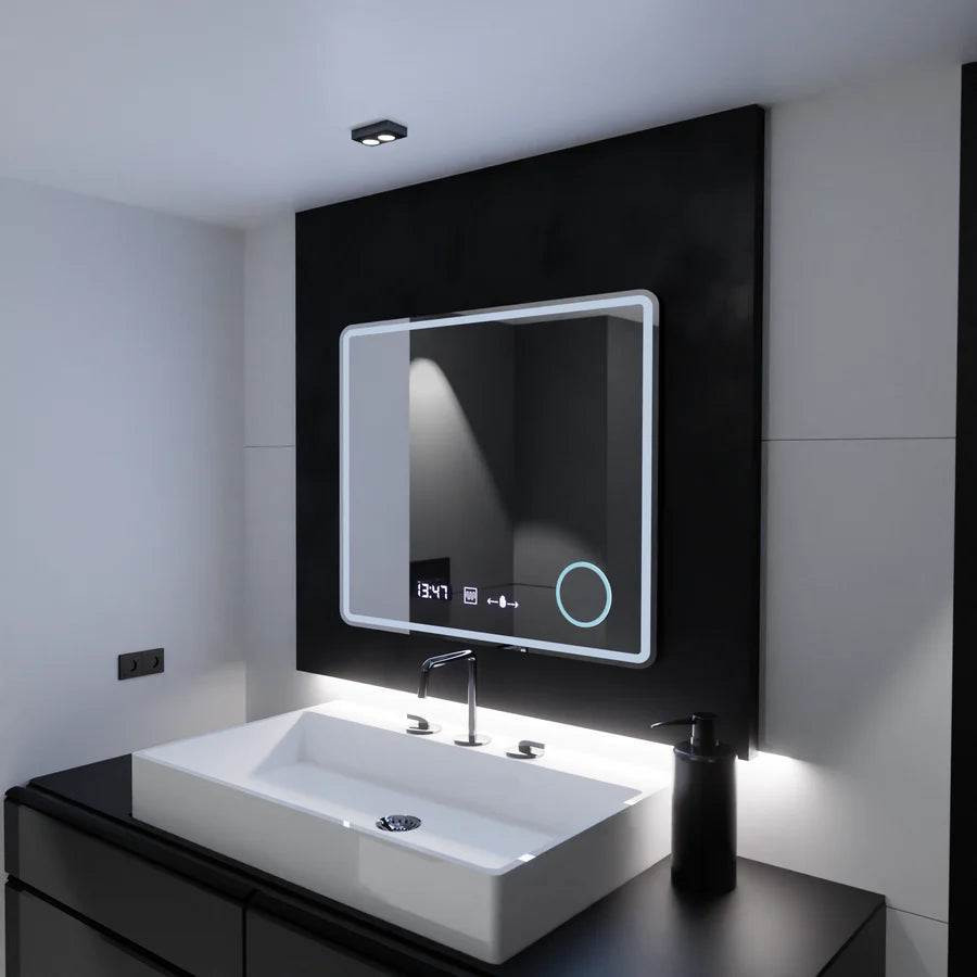 Oglinda LED Rectangulara, 90x75cm, Premium Riflesso MotionGlow Marcello, Sistem Dezaburire, Ceas &amp; Termometru, Lupa Cosmetica, Dimabila