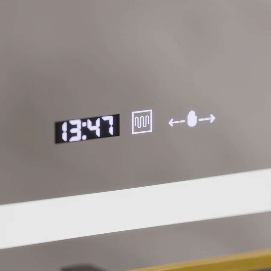 Oglinda LED Rectangulara, 80x60cm, Premium Eclat MotionGlow Marcello, Sistem Dezaburire, Ceas &amp; Termometru, Lupa Cosmetica, Dimabila, Rama Auriu Brushed