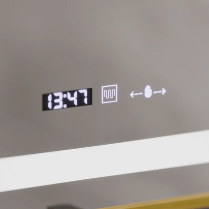 Oglinda LED Rectangulara, 80x60cm, Premium Eclat MotionGlow Marcello, Sistem Dezaburire, Ceas &amp; Termometru, Lupa Cosmetica, Dimabila, Rama Auriu Brushed