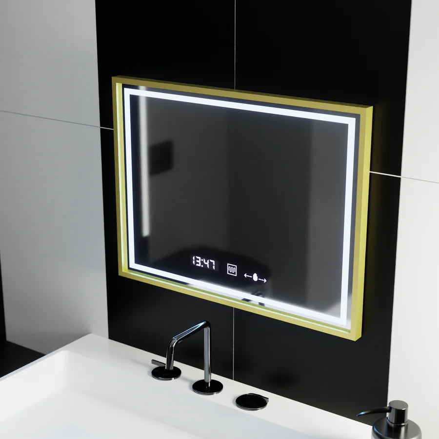 Oglinda LED Rectangulara, 80x60cm, Premium Verite Royale Gold MotionGlow Marcello, Sistem Dezaburire, Ceas &amp; Termometru, Dimabila