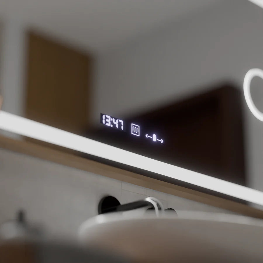 Oglinda LED Senzor MotionGlow Premium Sofia, 110x65 cm, Dezaburire Termometru Ceas, Lumina Calda/Rece/Neutra Dimabila,Rama Rose Gold