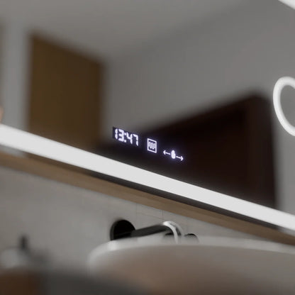 Oglinda LED Senzor MotionGlow Premium Sofia, 110x65 cm, Dezaburire Termometru Ceas, Lumina Calda/Rece/Neutra Dimabila,Rama Rose Gold