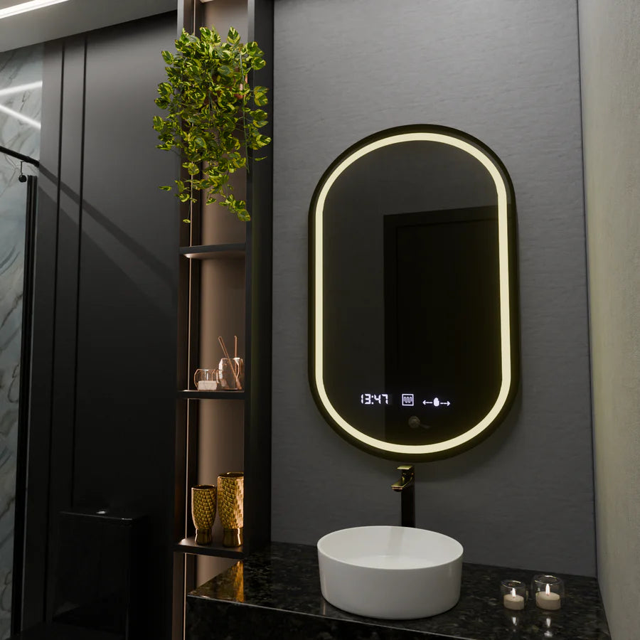 Oglinda LED Ovala, 50x80cm, Premium Alessia MotionGlow Marcello, Sistem Dezaburire, Ceas &amp; Termometru, Dimabila