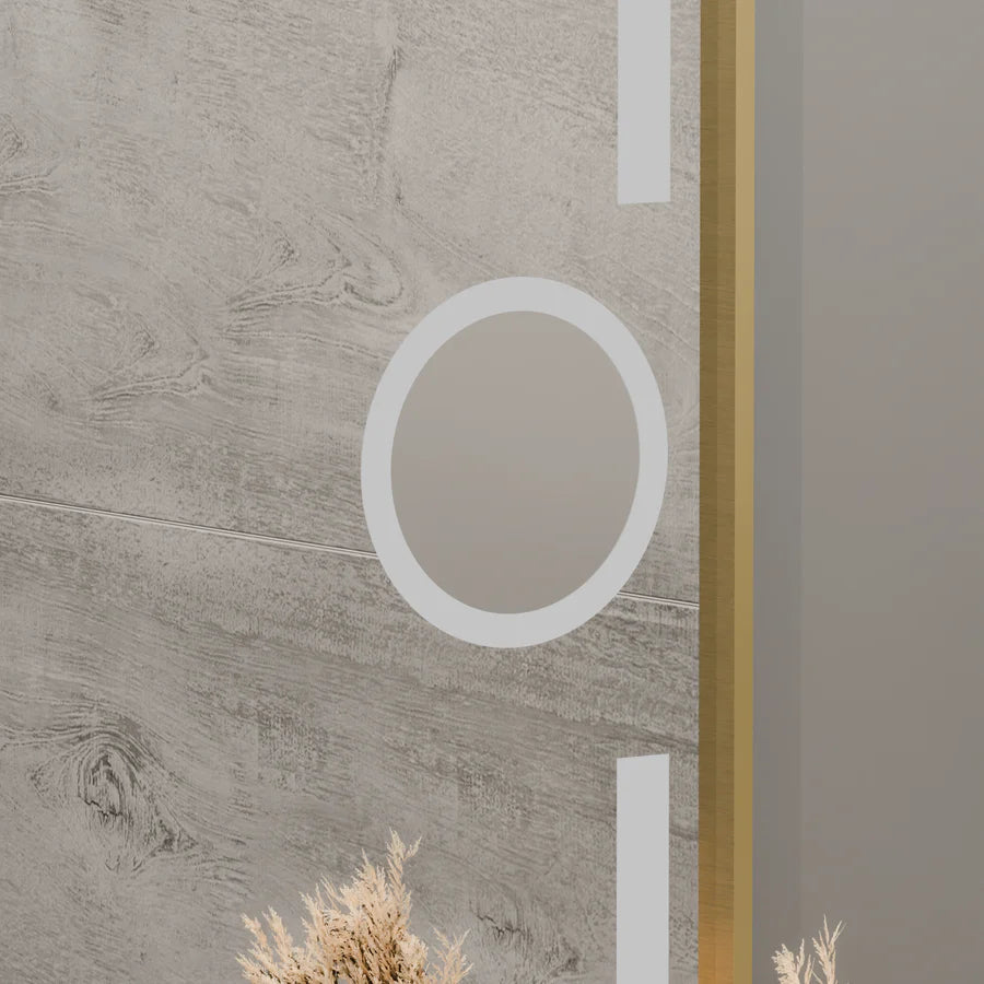 Oglinda LED Rectangulara, 80x60cm, Premium Eclat MotionGlow Marcello, Sistem Dezaburire, Ceas &amp; Termometru, Lupa Cosmetica, Dimabila, Rama Auriu Brushed