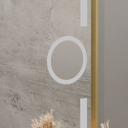 Oglinda LED Rectangulara, 80x60cm, Premium Eclat MotionGlow Marcello, Sistem Dezaburire, Ceas &amp; Termometru, Lupa Cosmetica, Dimabila, Rama Auriu Brushed