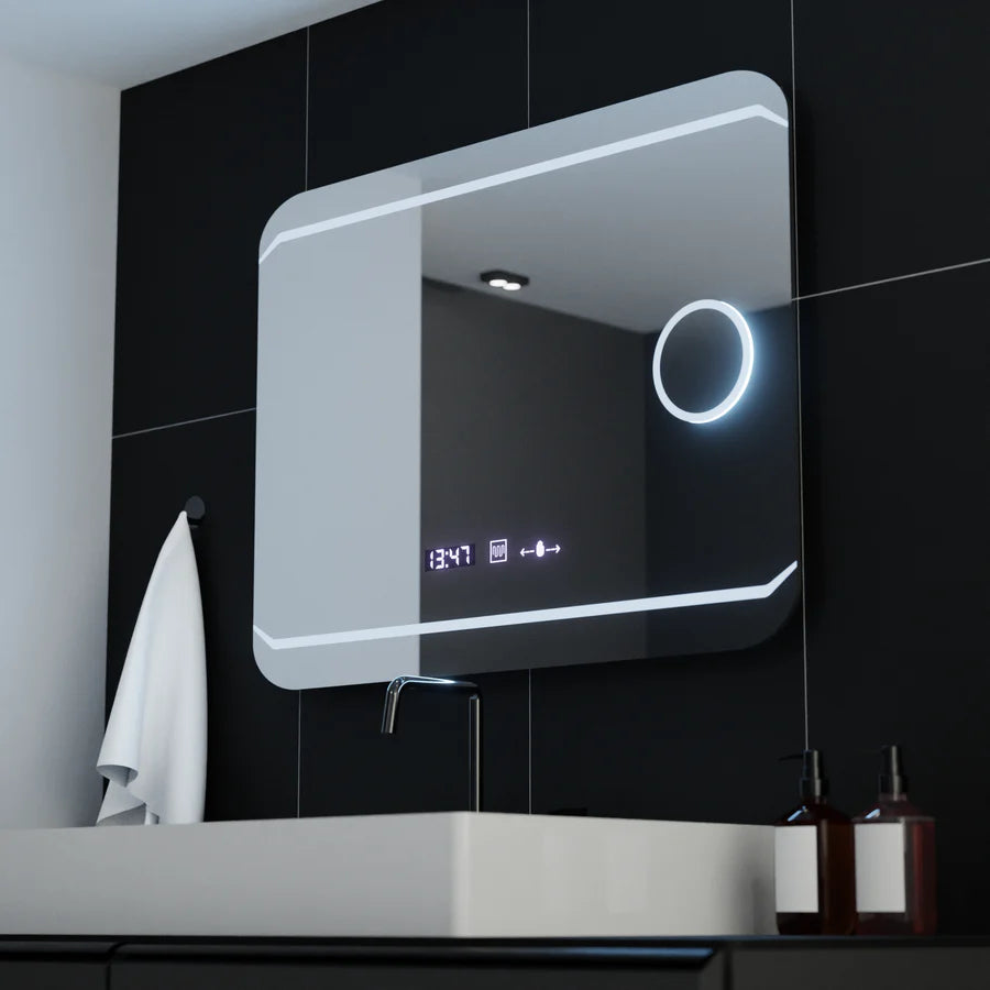 Oglinda LED Rectangulara, 80x60cm, Premium Stile MotionGlow Marcello, Sistem Dezaburire, Ceas &amp; Termometru, Lupa Cosmetica, Dimabila