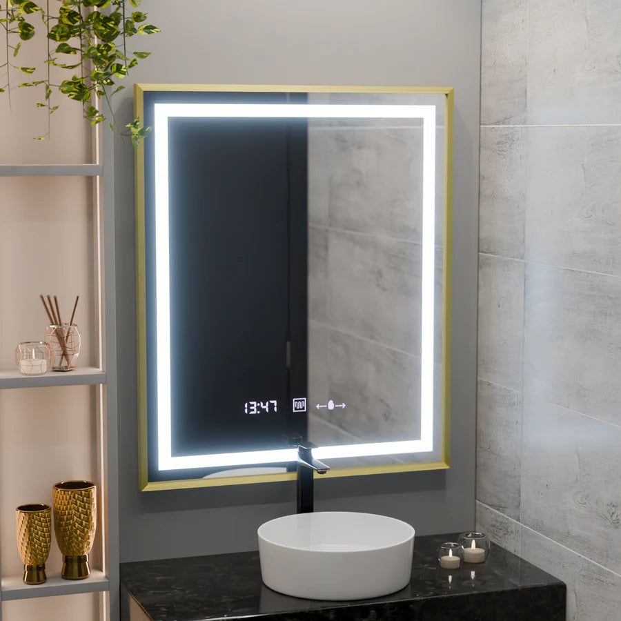 Oglinda LED Rectangulara, 75x90cm, Premium Verite Royale Gold MotionGlow Marcello, Sistem Dezaburire, Ceas &amp; Termometru, Dimabila