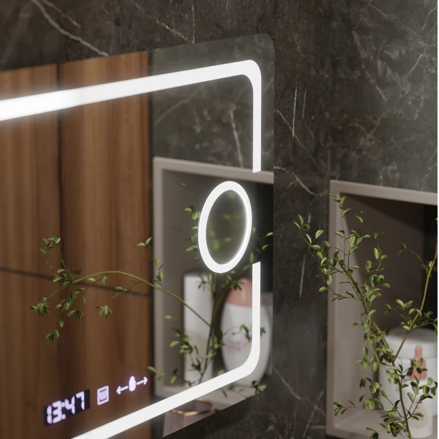 Oglinda LED Rectangulara, 120x80cm, Premium Eclat MotionGlow Marcello, Sistem Dezaburire, Ceas &amp; Termometru, Lupa Cosmetica, Dimabila