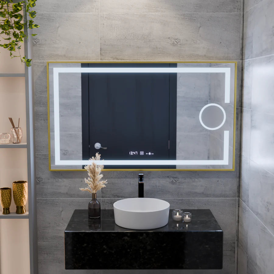 Oglinda LED Rectangulara, 110x65cm, Premium Eclat MotionGlow Marcello, Sistem Dezaburire, Ceas &amp; Termometru, Lupa Cosmetica, Dimabila, Rama Auriu Brushed