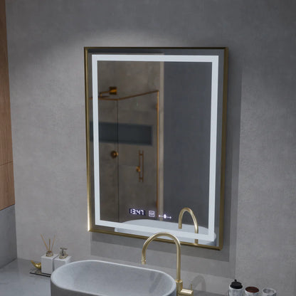 Oglinda LED Rectangulara, 60x80cm, Premium Verite Royale Gold MotionGlow Marcello, Sistem Dezaburire, Ceas &amp; Termometru, Dimabila