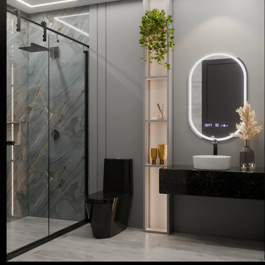 Oglinda LED Ovala, 50x80cm, Premium Eminence MotionGlow Marcello, Sistem Dezaburire, Ceas &amp; Termometru, Dimabila