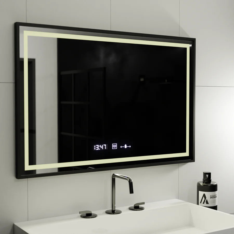 Oglinda LED Rectangulara, 100x80cm, Premium Verite Majeste Noir MotionGlow Marcello, Sistem Dezaburire, Ceas &amp; Termometru, Dimabila