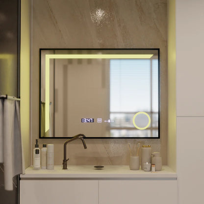 Oglinda LED Senzor MotionGlow Francesca 80x60 cm Premium Lumina Calda/Rece/Neutra Dimabila Rama Negru Brushed, Dezaburire Termometru Ceas