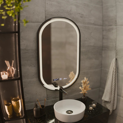 Oglinda LED Senzor Premium Helmut, 50x80 cm, Sistem Dezaburire, Ceas si Temperatura, Rama Negru Brushed Marcello Funghi