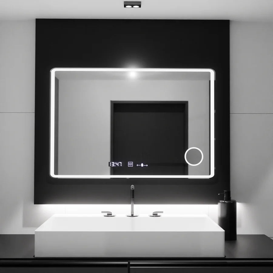 Oglinda LED Rectangulara 120x80 Premium Aura Riflesso Puro MotionGlow Marcello, Sistem Dezaburire, Termometru si Ceas, Dimabila