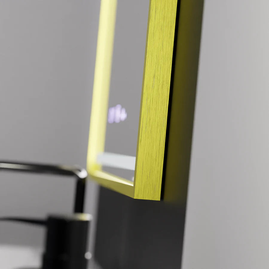 Oglinda LED Rectangulara, 50x70cm, Premium Verite Royale Gold Motion Glow Marcello, Sistem Dezaburire, Ceas &amp; Termometru, Dimabila