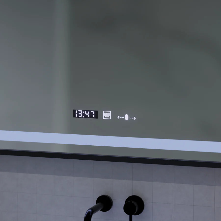 Oglinda LED Senzor MotionGlow Premium Domingo, 120x65 cm, Dezaburire Termometru Ceas, Lumina Rece/Calda/Neutra Dimabila, Rama Negru Brushed