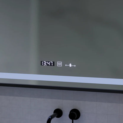 Oglinda LED Senzor MotionGlow Premium Domingo, 120x65 cm, Dezaburire Termometru Ceas, Lumina Rece/Calda/Neutra Dimabila, Rama Negru Brushed