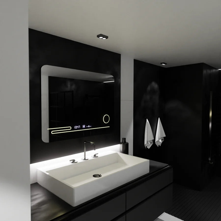 Oglinda LED Rectangulara, 80x60cm, Premium Harmonie MotionGlow Marcello, Sistem Dezaburire, Termometru si Ceas, Lupa Cosmetica, Dimabila