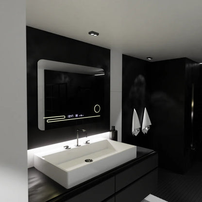 Oglinda LED Rectangulara, 80x60cm, Premium Harmonie MotionGlow Marcello, Sistem Dezaburire, Termometru si Ceas, Lupa Cosmetica, Dimabila