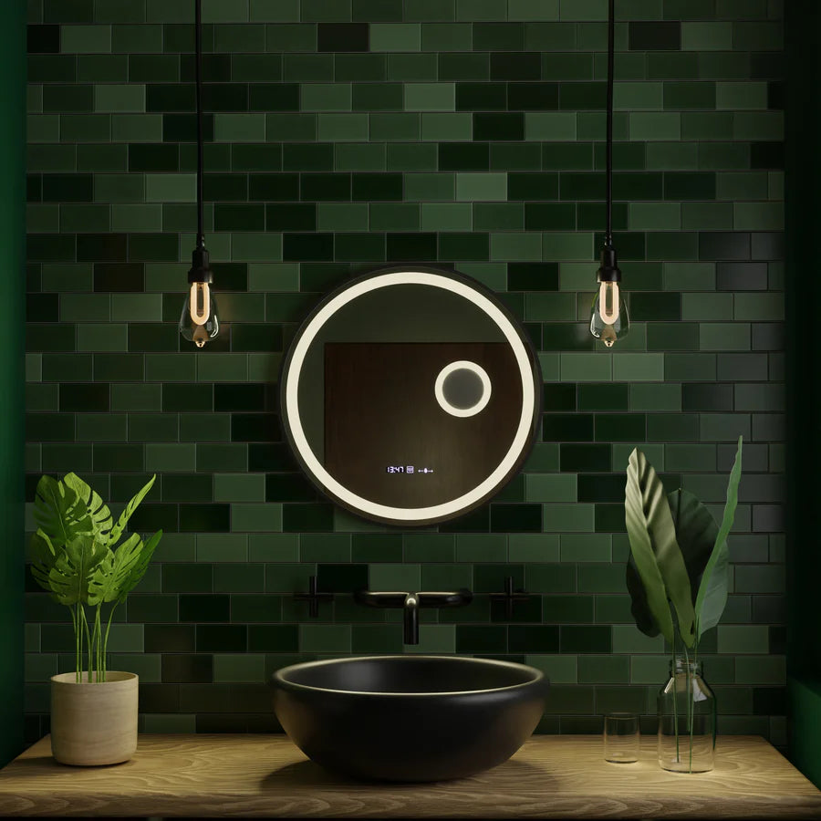 Oglinda LED Rotunda, 60cm, Premium Micah Senzor MotionGlow Marcello, Sistem Dezaburire, Ceas &amp; Termometru, Lupa Cosmetica, Dimabila