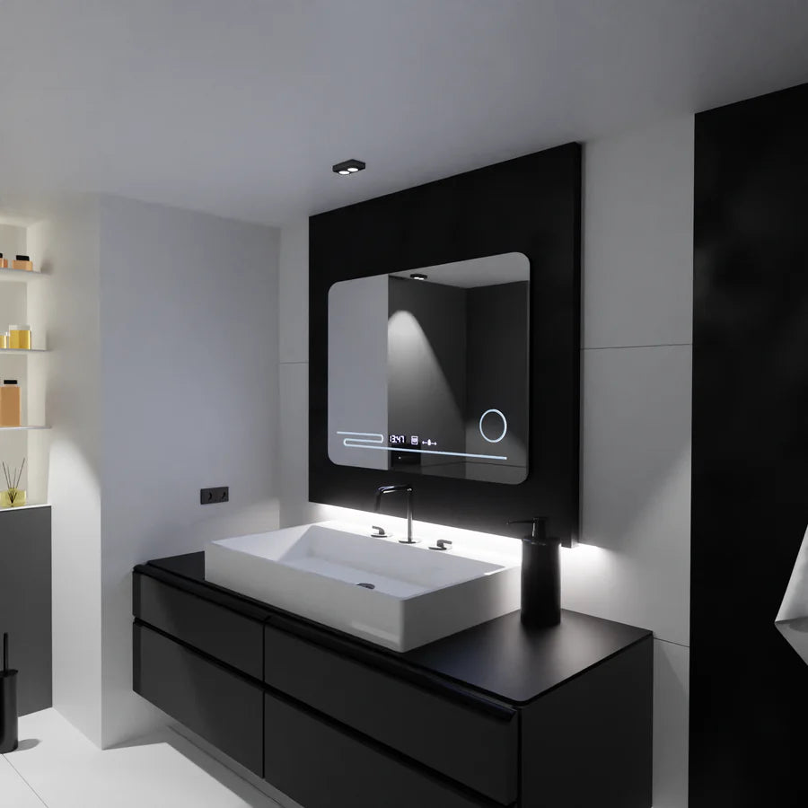 Oglinda LED Rectangulara, 80x60cm, Premium Harmonie MotionGlow Marcello, Sistem Dezaburire, Termometru si Ceas, Lupa Cosmetica, Dimabila