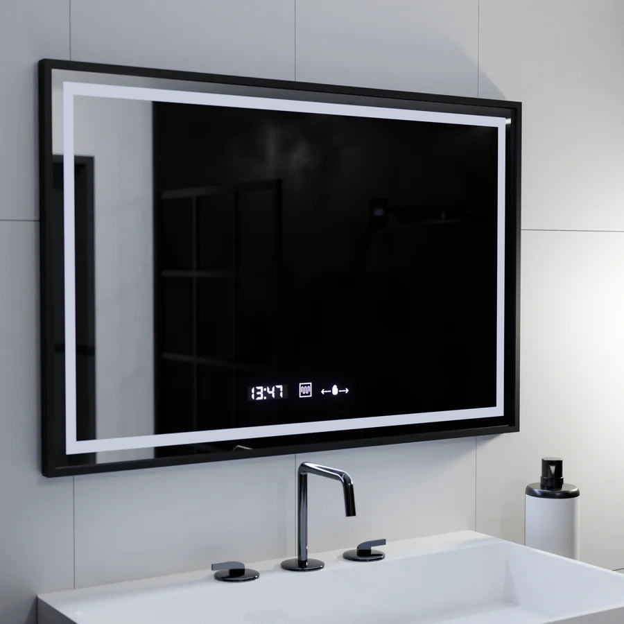 Oglinda LED Rectangulara, 100x80cm, Premium Verite Majeste Noir MotionGlow Marcello, Sistem Dezaburire, Ceas &amp; Termometru, Dimabila