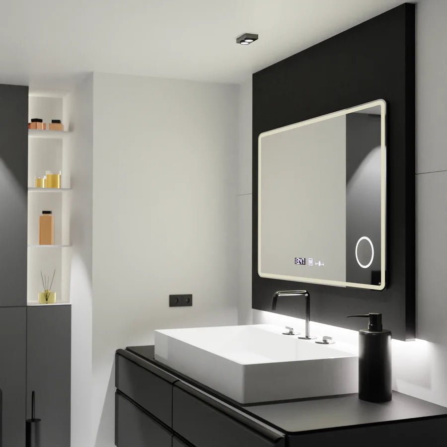 Oglinda LED Rectangulara 120x80 Premium Aura Riflesso Puro MotionGlow Marcello, Sistem Dezaburire, Termometru si Ceas, Dimabila