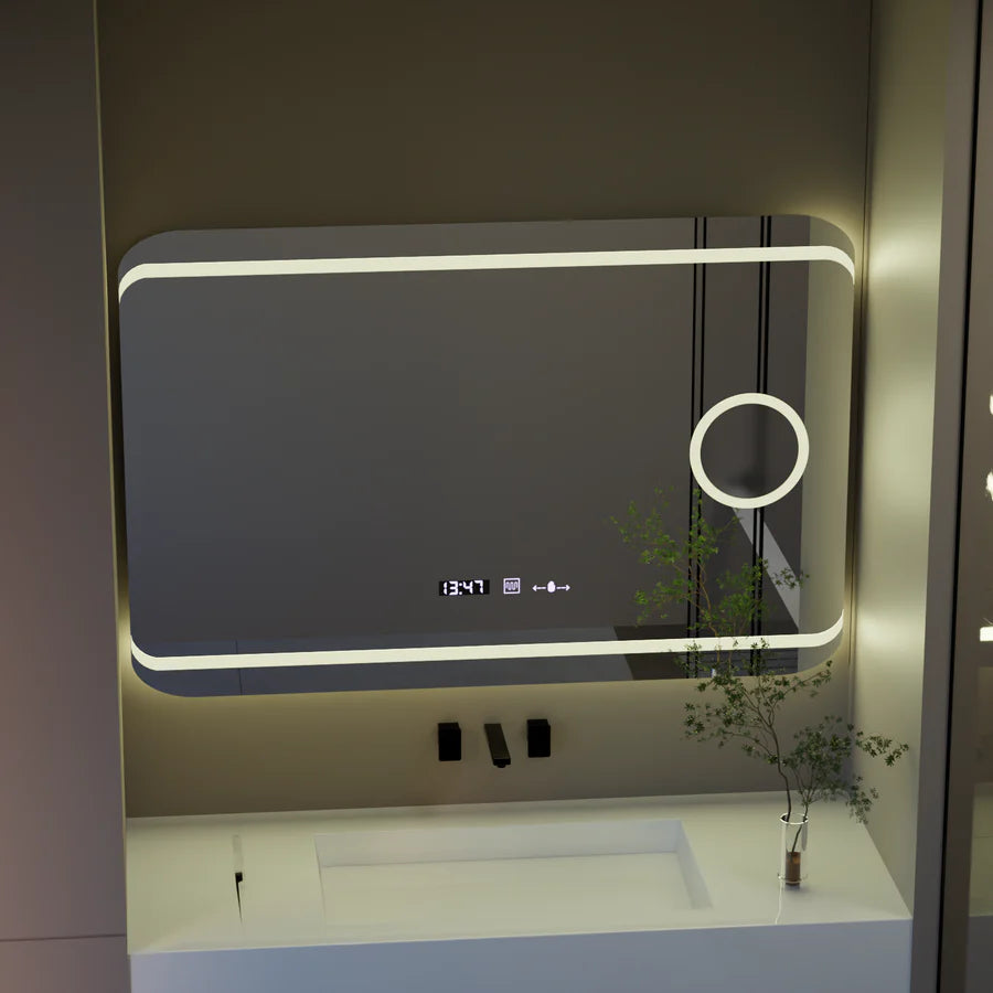 Oglinda LED Rectangulara, 120x80cm, Premium Definition MotionGlow Marcello, Sistem Dezaburire, Ceas &amp; Termometru, Lupa Cosmetica, Dimabila