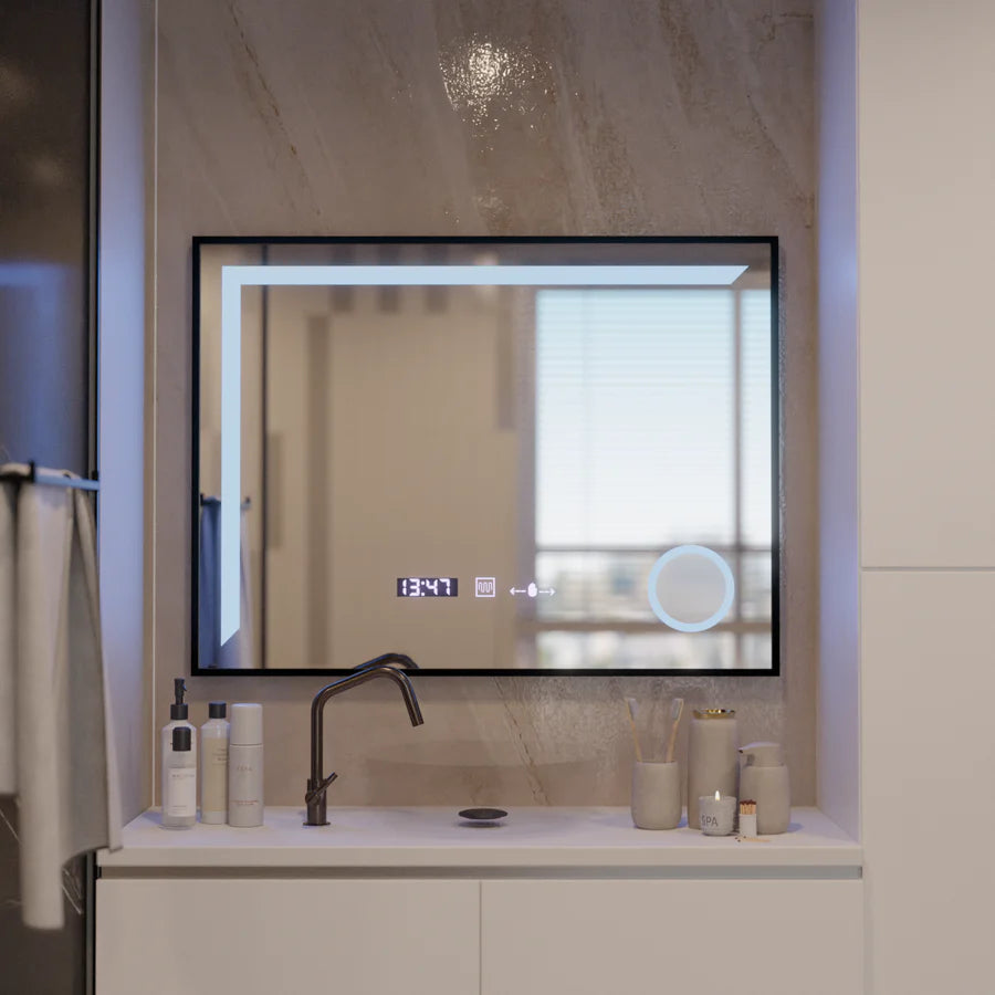 Oglinda LED Senzor MotionGlow Francesca 80x60 cm Premium Lumina Calda/Rece/Neutra Dimabila Rama Negru Brushed, Dezaburire Termometru Ceas