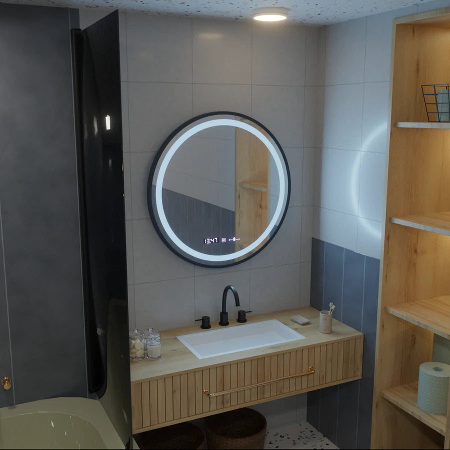 Oglinda LED Rotunda, 70cm, Premium Celeste Majeste Noir MotionGlow Marcello, Sistem Dezaburire, Ceas &amp; Termometru, Dimabila