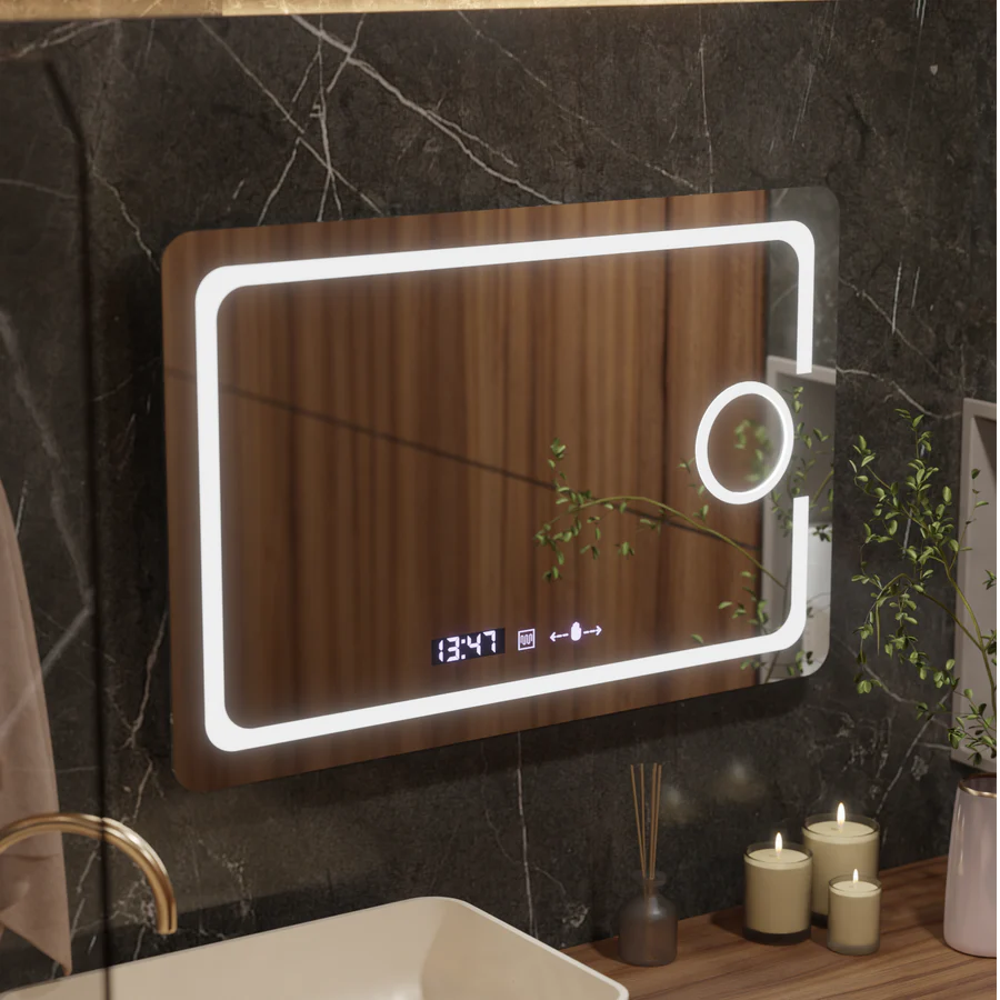 Oglinda LED Rectangulara, 110x75cm, Premium Eclat MotionGlow Marcello, Sistem Dezaburire, Ceas &amp; Termometru, Lupa Cosmetica, Dimabila