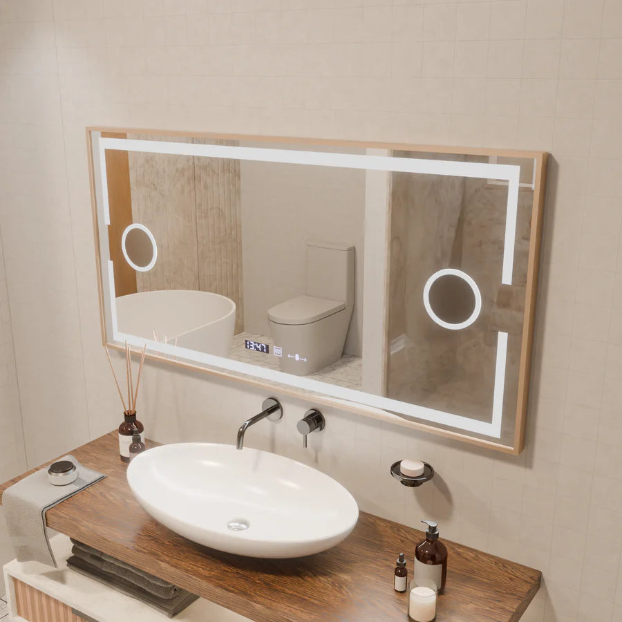 Oglinda LED Senzor MotionGlow Premium Sofia, 110x65 cm, Dezaburire Termometru Ceas, Lumina Calda/Rece/Neutra Dimabila,Rama Rose Gold