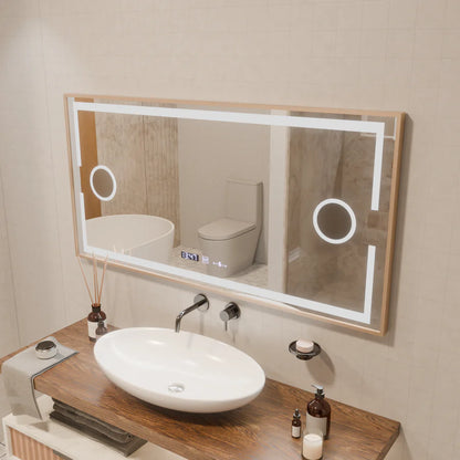 Oglinda LED Senzor MotionGlow Premium Sofia, 110x65 cm, Dezaburire Termometru Ceas, Lumina Calda/Rece/Neutra Dimabila,Rama Rose Gold