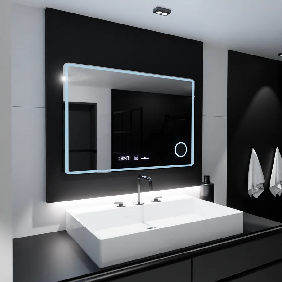 Oglinda LED Rectangulara 120x80 Premium Aura Riflesso Puro MotionGlow Marcello, Sistem Dezaburire, Termometru si Ceas, Dimabila