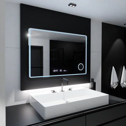 Oglinda LED Rectangulara 120x80 Premium Aura Riflesso Puro MotionGlow Marcello, Sistem Dezaburire, Termometru si Ceas, Dimabila
