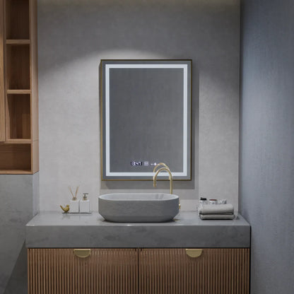 Oglinda LED Rectangulara, 60x80cm, Premium Verite Royale Gold MotionGlow Marcello, Sistem Dezaburire, Ceas &amp; Termometru, Dimabila