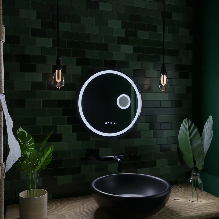 Oglinda LED Rotunda, 60cm, Premium Micah Senzor MotionGlow Marcello, Sistem Dezaburire, Ceas &amp; Termometru, Lupa Cosmetica, Dimabila