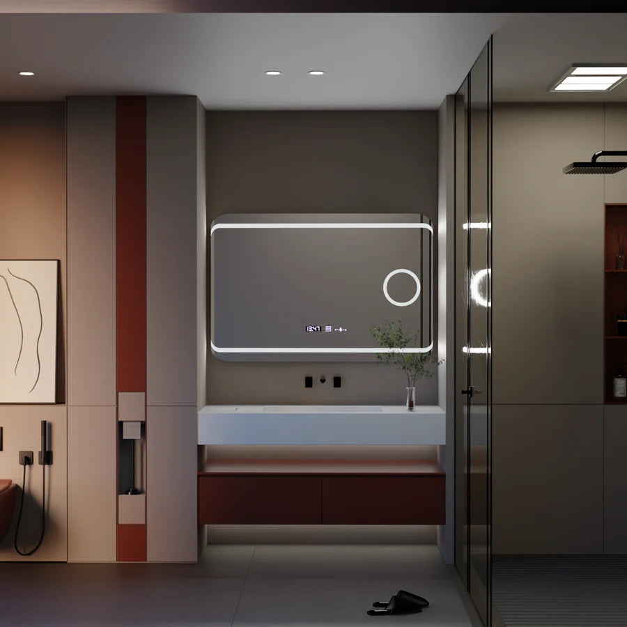 Oglinda LED Rectangulara, 120x80cm, Premium Definition MotionGlow Marcello, Sistem Dezaburire, Ceas &amp; Termometru, Lupa Cosmetica, Dimabila
