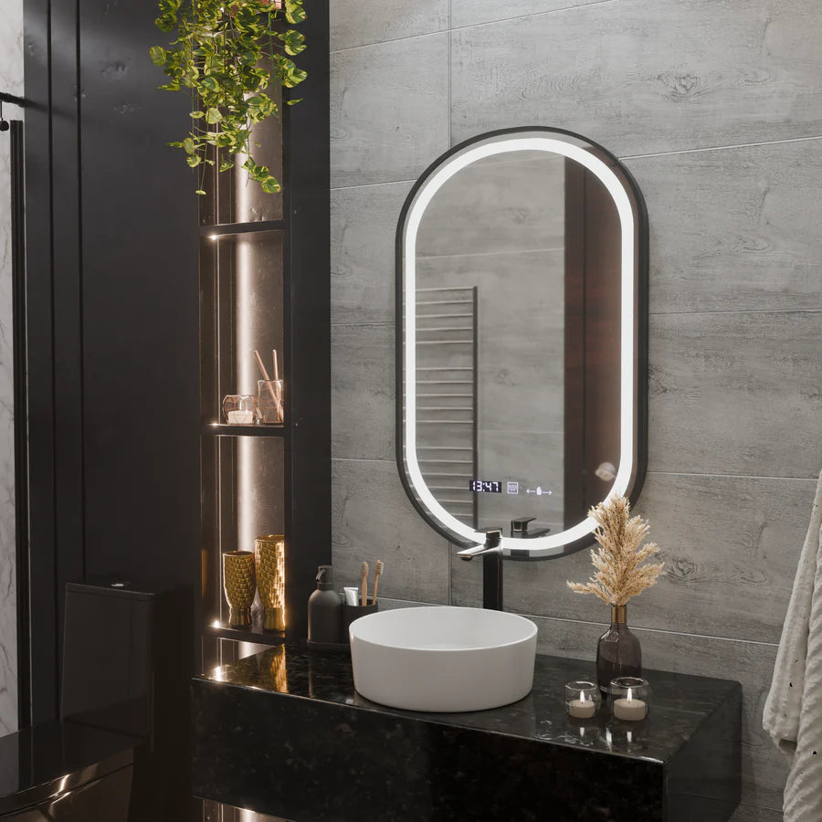 Oglinda LED Senzor Premium Helmut, 50x80 cm, Sistem Dezaburire, Ceas si Temperatura, Rama Negru Brushed Marcello Funghi