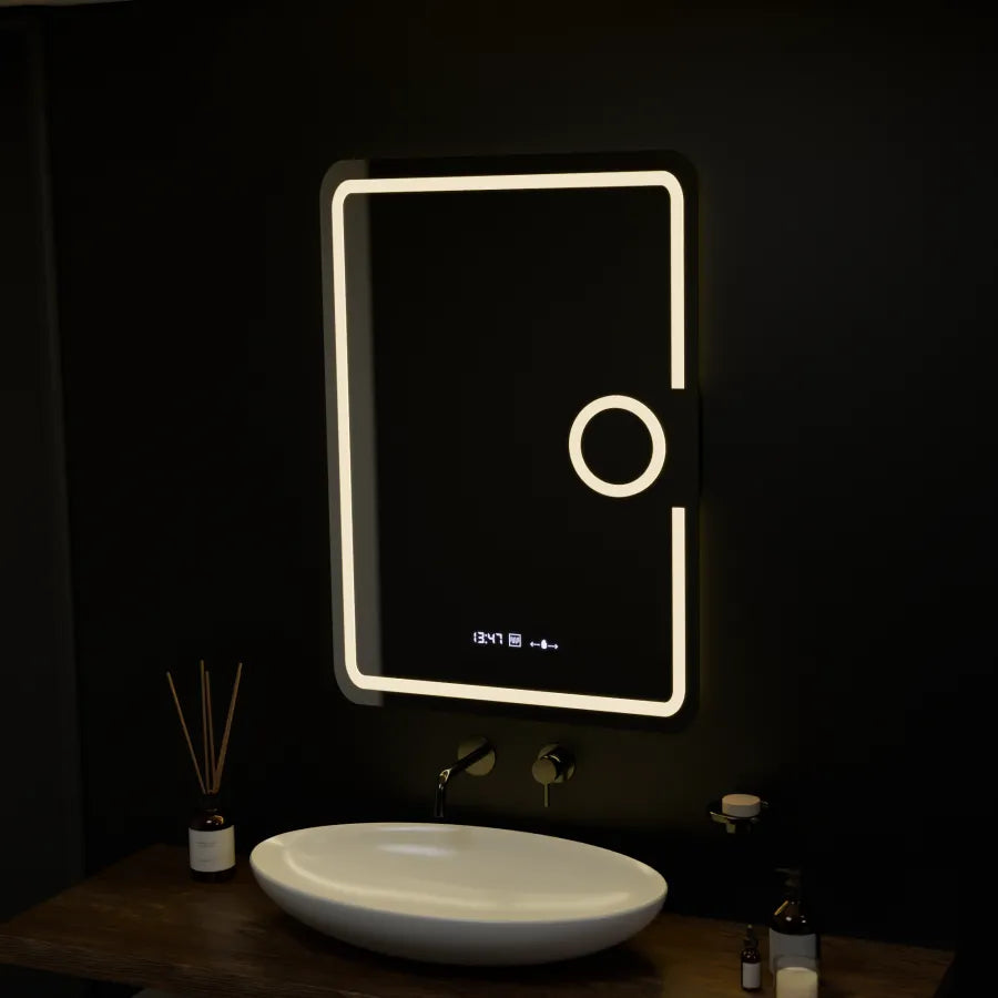 Oglinda LED Rectangulara, 50x70cm, Premium Eclat MotionGlow Marcello, Sistem Dezaburire, Ceas &amp; Termometru, Lupa Cosmetica, Dimabila