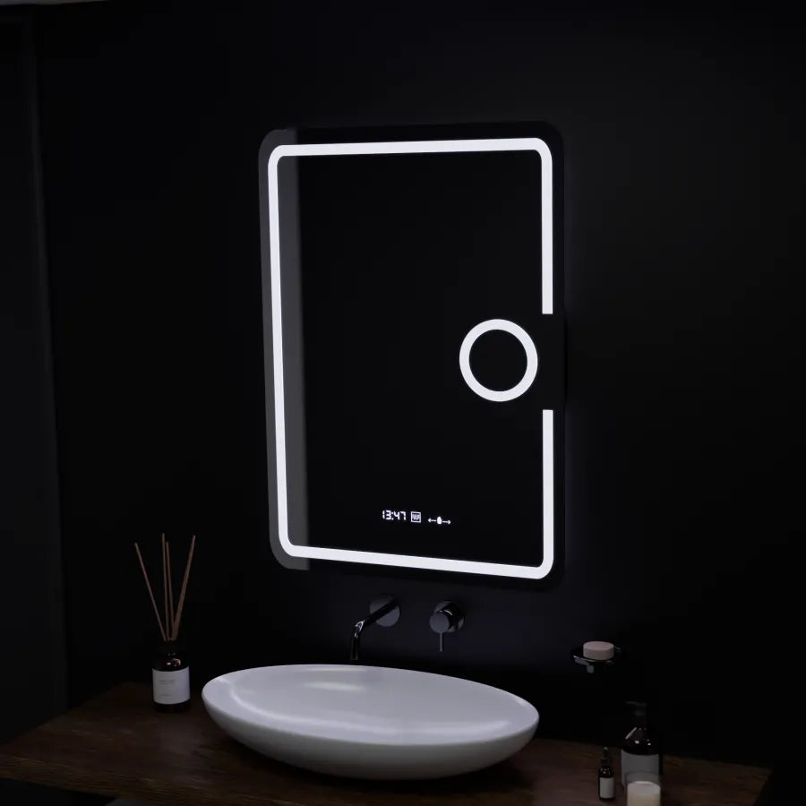 Oglinda LED Rectangulara, 50x70cm, Premium Eclat MotionGlow Marcello, Sistem Dezaburire, Ceas &amp; Termometru, Lupa Cosmetica, Dimabila