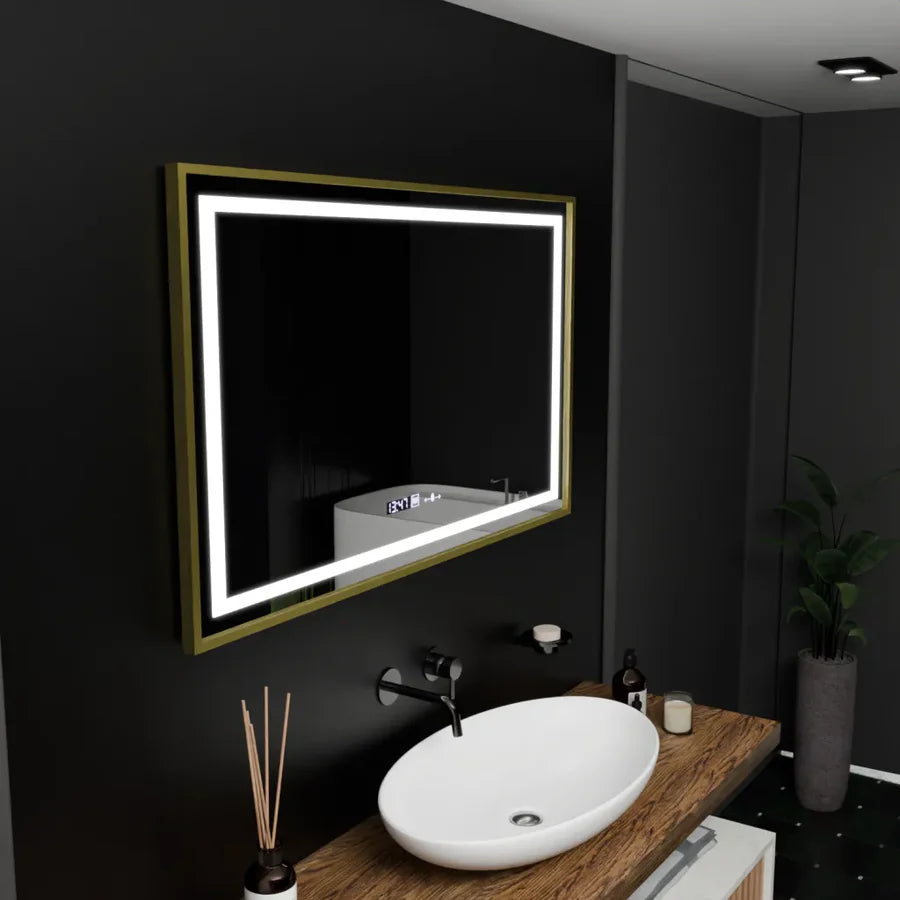 Oglinda LED Rectangulara, 100x80cm, Premium Verite Royale Gold Motion Glow Marcello, Sistem Dezaburire, Ceas &amp; Termometru, Dimabila